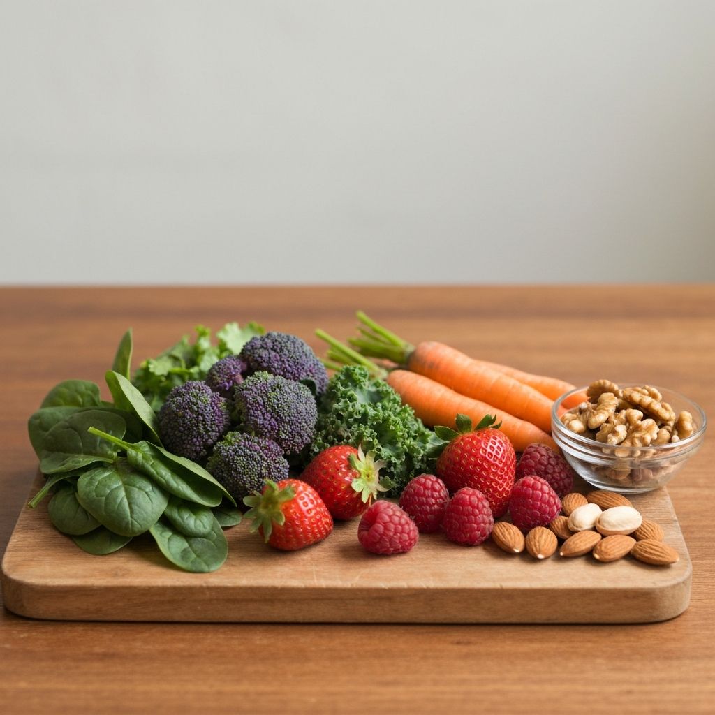 Display of nutrient-dense foods including leafy greens, berries, and vegetables